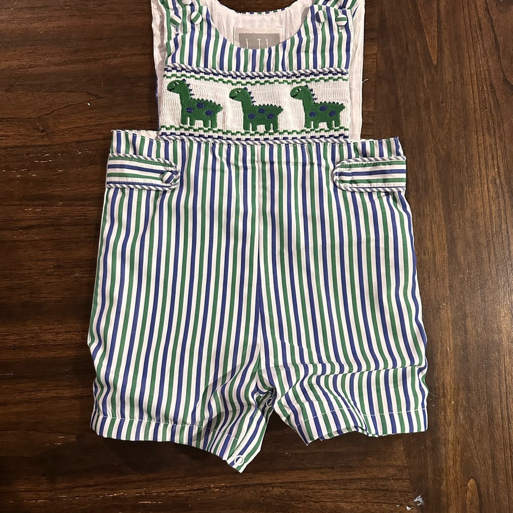 Green and White Striped Shortalls 6-12M